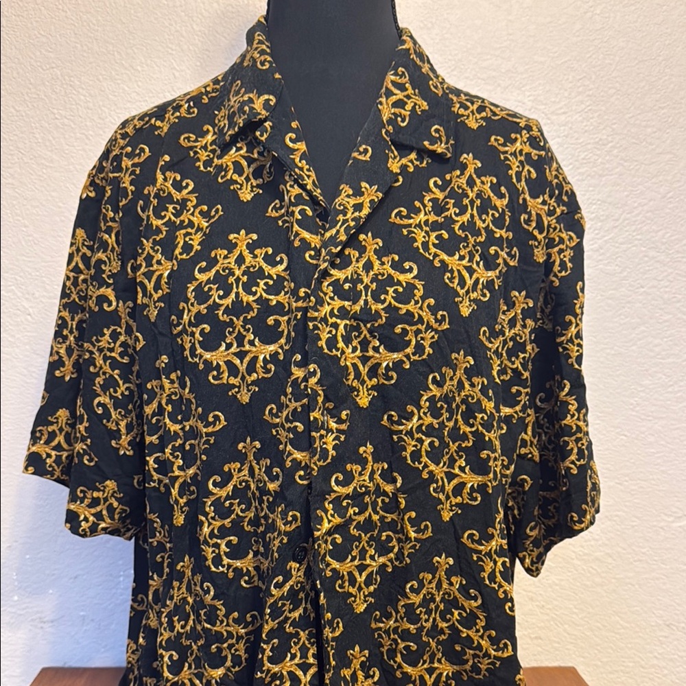 Black and Gold Casual Button Down Shirt with Ornate Pattern